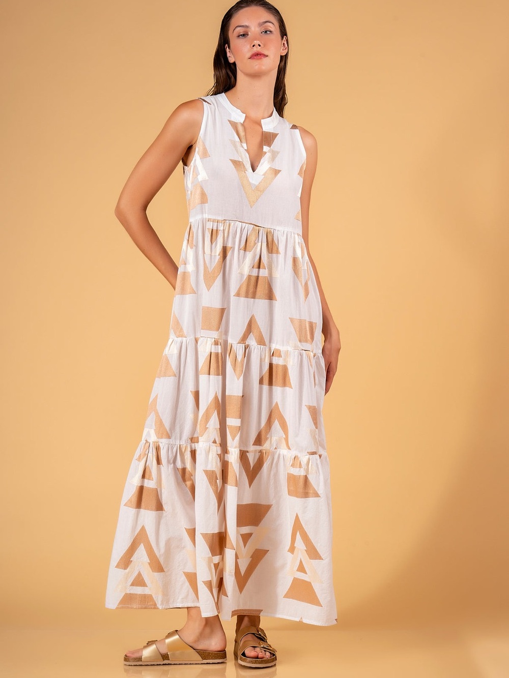 NWOT Aether Concept Maxi Dress Off White / Bronze Size Small